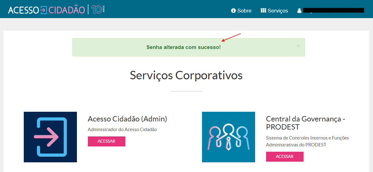 "Tela com mensagem de sucesso"