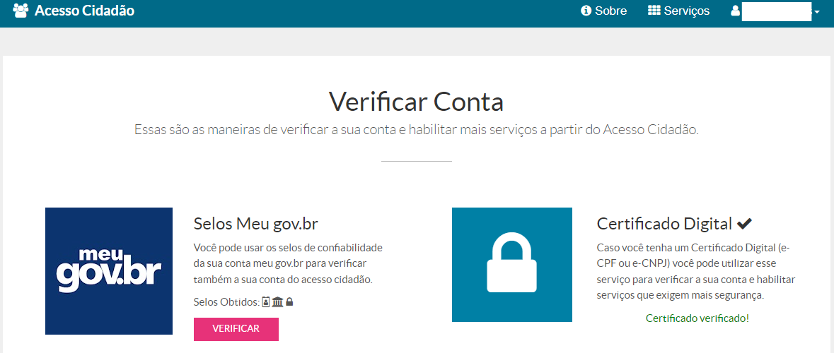"Tela opções de verificação"
